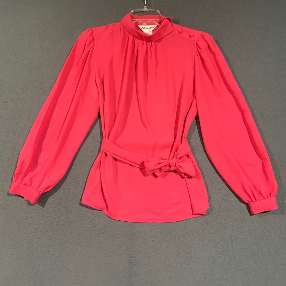 Ship 'n Shore Blouse Women 10 Hot Pink VTG 80s High Neck Tie Waist Barbiecore